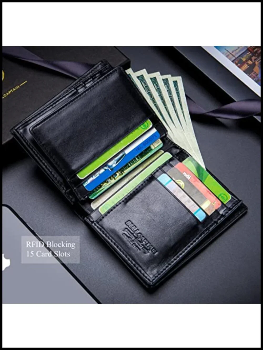 Genuine Leather Bifold Wallet with RFID Blocking, 15 Card Slots, Expandable